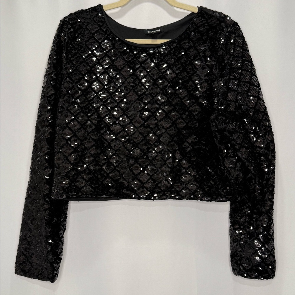 Express Black Sequin Diamond Pattern Cropped Long… - image 3